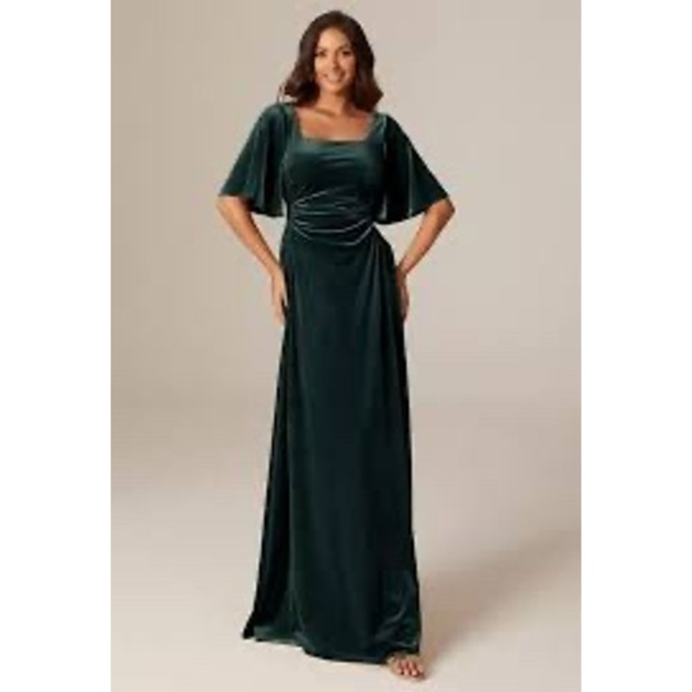 AW Bridal Emerald Green Velvet Maxi Dress Square Neck Flutter Sleeve Gown 10